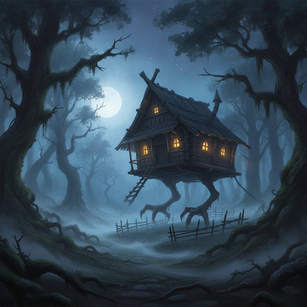 A hut on chicken legs deep in a Slavic forest at night